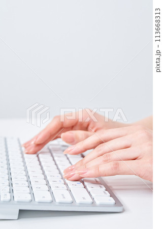 キーボードをタイピングする女性の手元 113668313