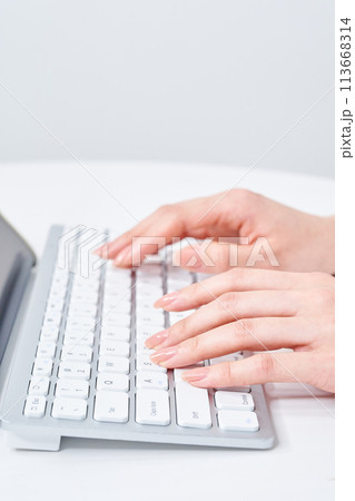 キーボードをタイピングする女性の手元 113668314