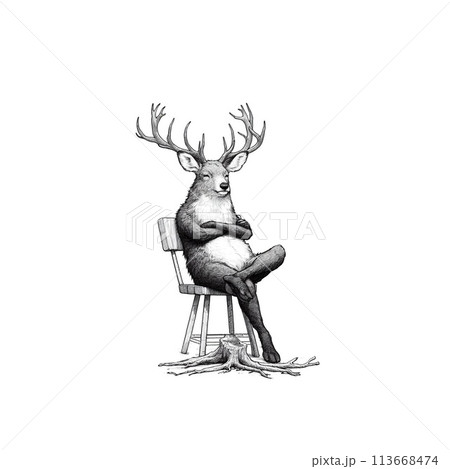 人間味溢れる森の動物達の鉛筆画イラスト 113668474