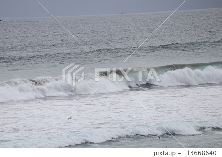 巻波が打つ寄せる波打ち際の海岸からの曇りの日の朝の海の風景の写真