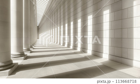 A Path of Light, Sunlight and Shadows in a White Long Corridor with Columns, Generative AI 113668718