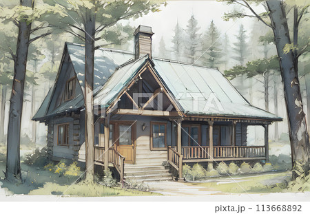 森の中の小さな家 水彩画 森の中の小さな家 水彩画 113668892