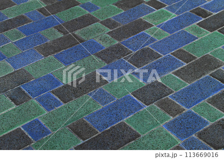 Green Blue Black Color Stone Tiles Mosaic Floor Street Surface Road Texture Background Pattern Urban 113669016