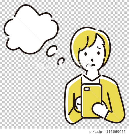 定番　伝わる 人物イラストこんなお悩みありませんか？　50代60代女性　スマホを見て悩む 113669055