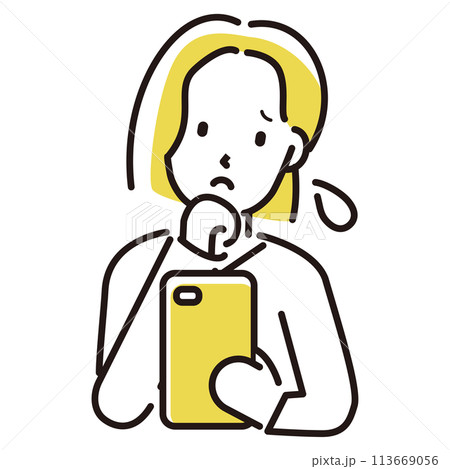 定番　伝わる 人物イラストこんなお悩みありませんか？　30代40代女性　スマホを見て悩む 113669056