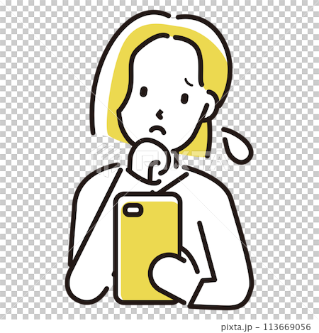 定番　伝わる 人物イラストこんなお悩みありませんか？　30代40代女性　スマホを見て悩む 113669056