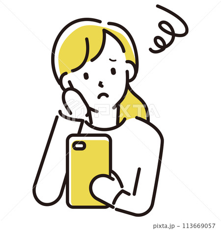 定番　伝わる 人物イラストこんなお悩みありませんか？　若い女性　スマホを見て悩む 113669057
