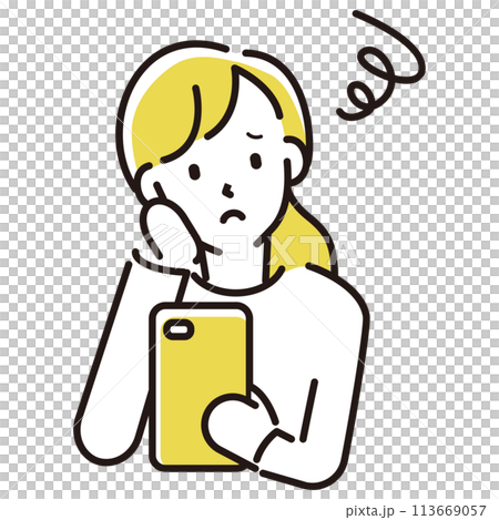定番　伝わる 人物イラストこんなお悩みありませんか？　若い女性　スマホを見て悩む 113669057