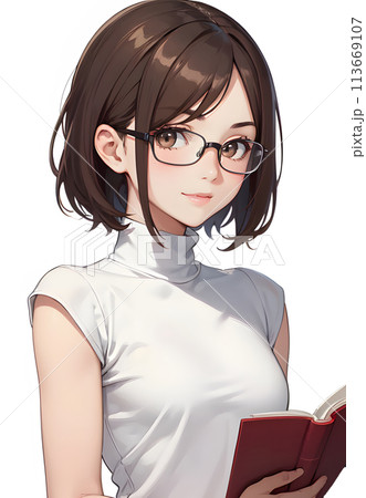 本を持って眼鏡をかけた知的な女性のイラスト素材 [113669107] - PIXTA
