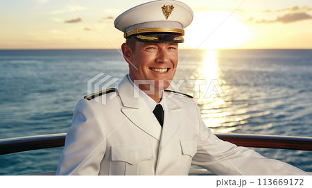 Navigating the Open Sea, Captain in Uniform Standing on Ship Deck in the Open Sea, Generative AI 113669172