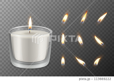 Vector 3D Realistic Paraffin Wax Burning Party Spa Candle and Burning Flame Set Closeup Isolated. Candle, Candle Flame Design Template for Relaxation, Wellness, and Celebration Concept, Front View 113669222