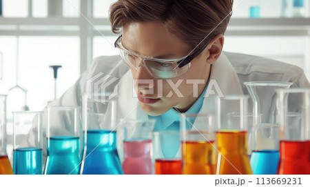 Mixing it Up, A Young Male Scientist or Chemists with Colorful Test Tubes, Laboratory Research, Generative AI Mixing it Up, A Young Male Scientist or Chemists with Colorful Test Tubes, Laboratory Research, Generative AI 113669231