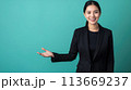 Happiness in Presentation, Woman with Positive Attitude Presenting an Empty Space, Generative AI 113669237