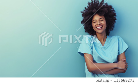Dedication and Compassion, Happy Black Nurse in Scrubs Making a Difference in Healthcare, Generative AI 113669273