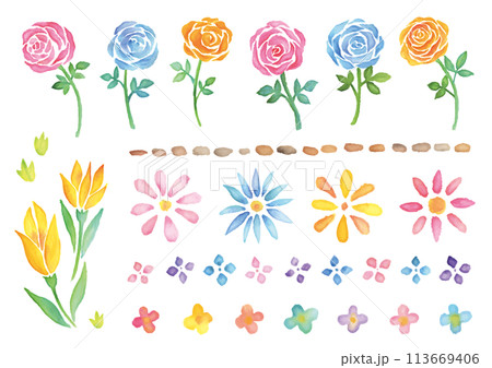水彩手描きのバラや花のセット 113669406