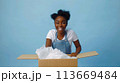 The Joy of Unpackaging, A Young Happy Black Woman Unpacking Online Purchases, Generative AI 113669484