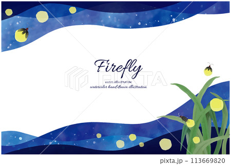水彩手書きの蛍が飛ぶ夏の夜の風景フレーム 113669820