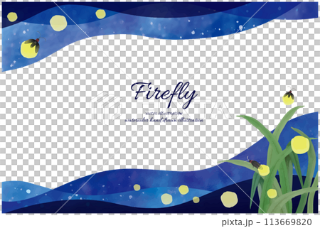 水彩手書きの蛍が飛ぶ夏の夜の風景フレーム 113669820