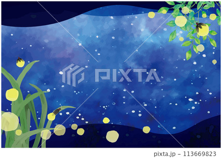 水彩手書きの蛍が飛ぶ夏の夜の風景 113669823