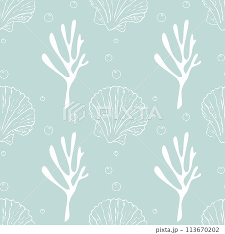 Sea pattern with white corals and seashells, air bubbles, sea elements on gray pastel background, elegant and stylish. 113670202
