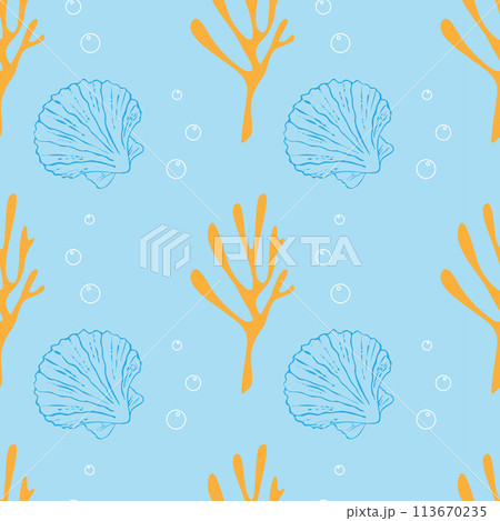 Marine ocean pattern with orange corals and air bubbles, blue contour seashells on pastel blue background. Marine ocean pattern with orange corals and air bubbles, blue contour seashells on pastel blue background. 113670235
