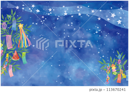 七夕の笹飾りのイラスト笹の葉や星のイメージ背景素材 113670241