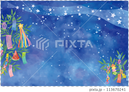 七夕の笹飾りのイラスト笹の葉や星のイメージ背景素材 113670241