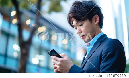 スマホを見て考える男性ビジネスマン 113670939