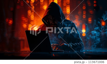 Hacker at the computer in dark Background Cyber espionage and digital security concept AI generated Hacker at the computer in dark Background Cyber espionage and digital security concept AI generated 113671006