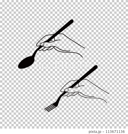 フォークとスプーンをもつ手のアップのイラスト　モノクロ　線画 113671136