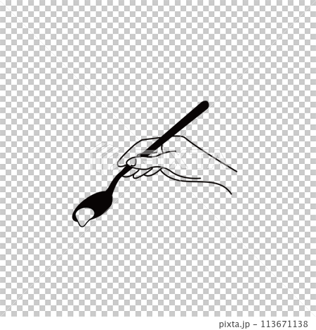 Close-up illustration of a hand scooping a spoonful with a spoon - monochrome line drawing Close-up illustration of a hand scooping a spoonful with a spoon - monochrome line drawing 113671138