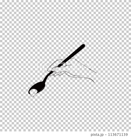 Close-up illustration of a hand scooping a spoonful with a spoon, monochrome, hand-drawn line drawing Close-up illustration of a hand scooping a spoonful with a spoon, monochrome, hand-drawn line drawing 113671139