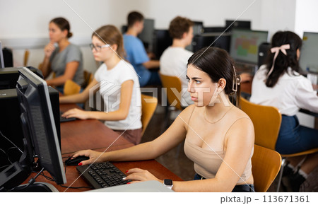 Teenage girl using computer during lesson 113671361