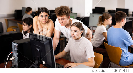 Portrait of female and male students working on computers in class 113671411