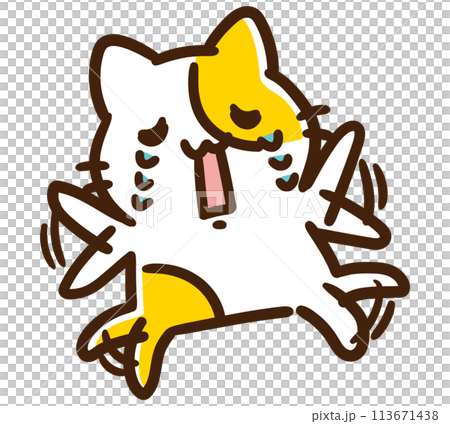 可愛的貓角色哭泣並拍打手臂和腿的滑稽插圖。 可愛的貓角色哭泣並拍打手臂和腿的滑稽插圖。 113671438