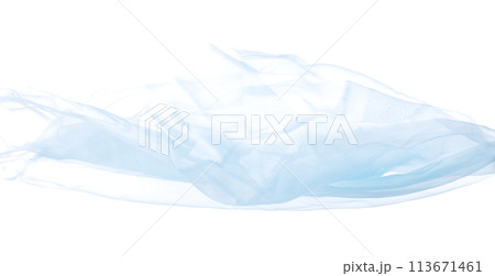 Blue sky Organza fabric flying in curve shape, Piece of textile blue sky organza fabric throw fall in air. White background isolated motion blur 113671461