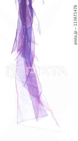 Purple Violet Organza fabric flying in curve shape, Piece of textile blue sky organza fabric throw fall in air. White background isolated motion blur Purple Violet Organza fabric flying in curve shape, Piece of textile blue sky organza fabric throw fall in air. White background isolated motion blur 113671476