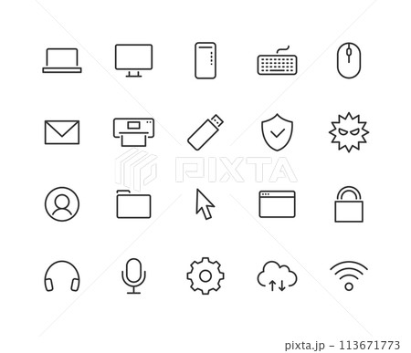 パソコン関連の線画アイコンセット 113671773