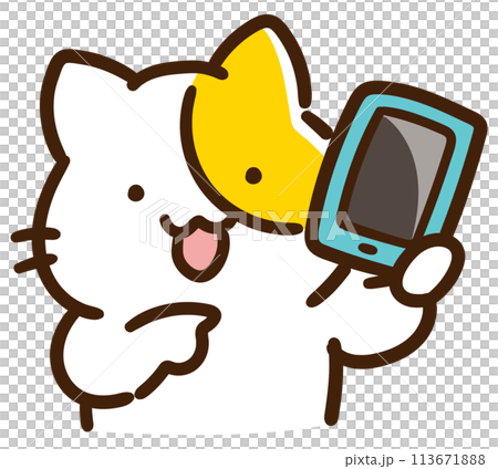 A deformed illustration of a cute cat character pointing at a smartphone A deformed illustration of a cute cat character pointing at a smartphone 113671888