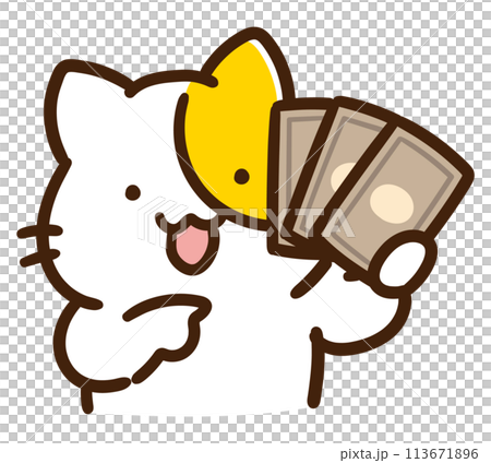 A deformed illustration of a cute cat character showing off a stack of cash A deformed illustration of a cute cat character showing off a stack of cash 113671896