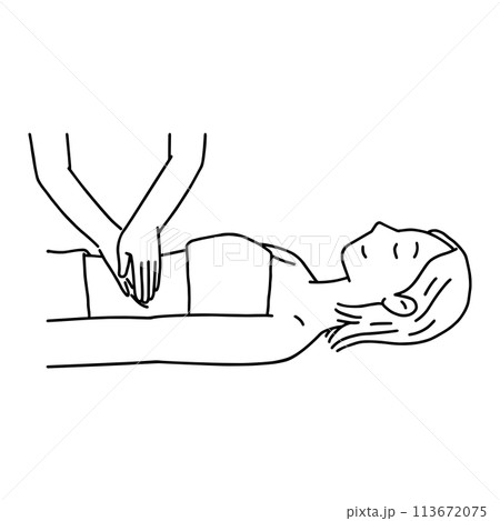お腹周りのマッサージをうける女性・線画 お腹周りのマッサージをうける女性・線画 113672075