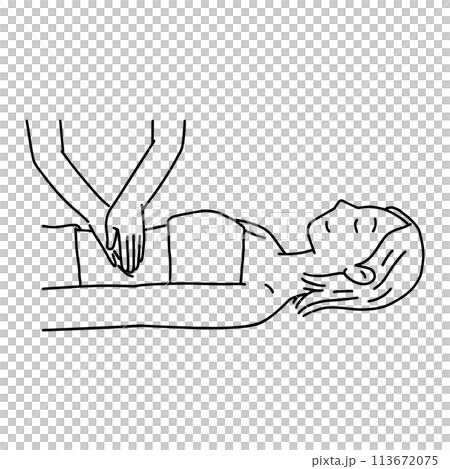 お腹周りのマッサージをうける女性・線画 お腹周りのマッサージをうける女性・線画 113672075