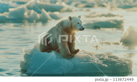 温暖化で流氷にたたずむしろくま White bear glacier global warming 113672449