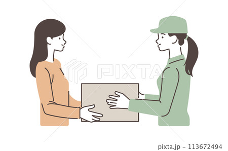 笑顔で荷物を届ける女性配達員のイラスト素材 笑顔で荷物を届ける女性配達員のイラスト素材 113672494
