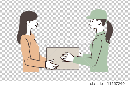笑顔で荷物を届ける女性配達員のイラスト素材 笑顔で荷物を届ける女性配達員のイラスト素材 113672494