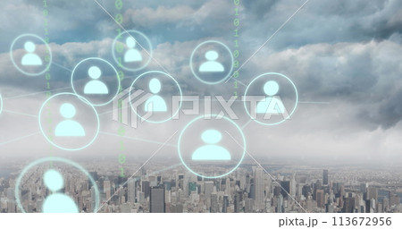 Image of connections and data processing over city 113672956