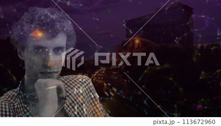 Image of digital interface with a man and icons and data processing Image of digital interface with a man and icons and data processing 113672960