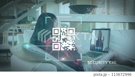 Image of qr code security check over woman using laptop on image call 113672996
