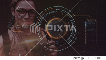 Image of digital interface with icons and data processing 113673016