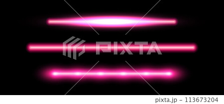 Pink neon tube lamp set. Glowing led light line beam collection. Bright luminous fluorescent bar stick lines. Shining cold color strip element pack to divide, separate, decorate. Vector illustration Pink neon tube lamp set. Glowing led light line beam collection. Bright luminous fluorescent bar stick lines. Shining cold color strip element pack to divide, separate, decorate. Vector illustration 113673204